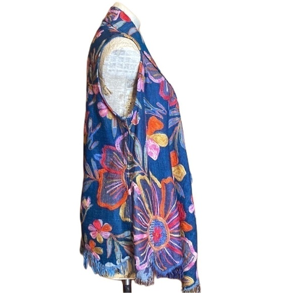 Soft Surroundings | Floral Embroidered Frayed Fringe Vest Cardigan Sweater S/M - Picture 4 of 14